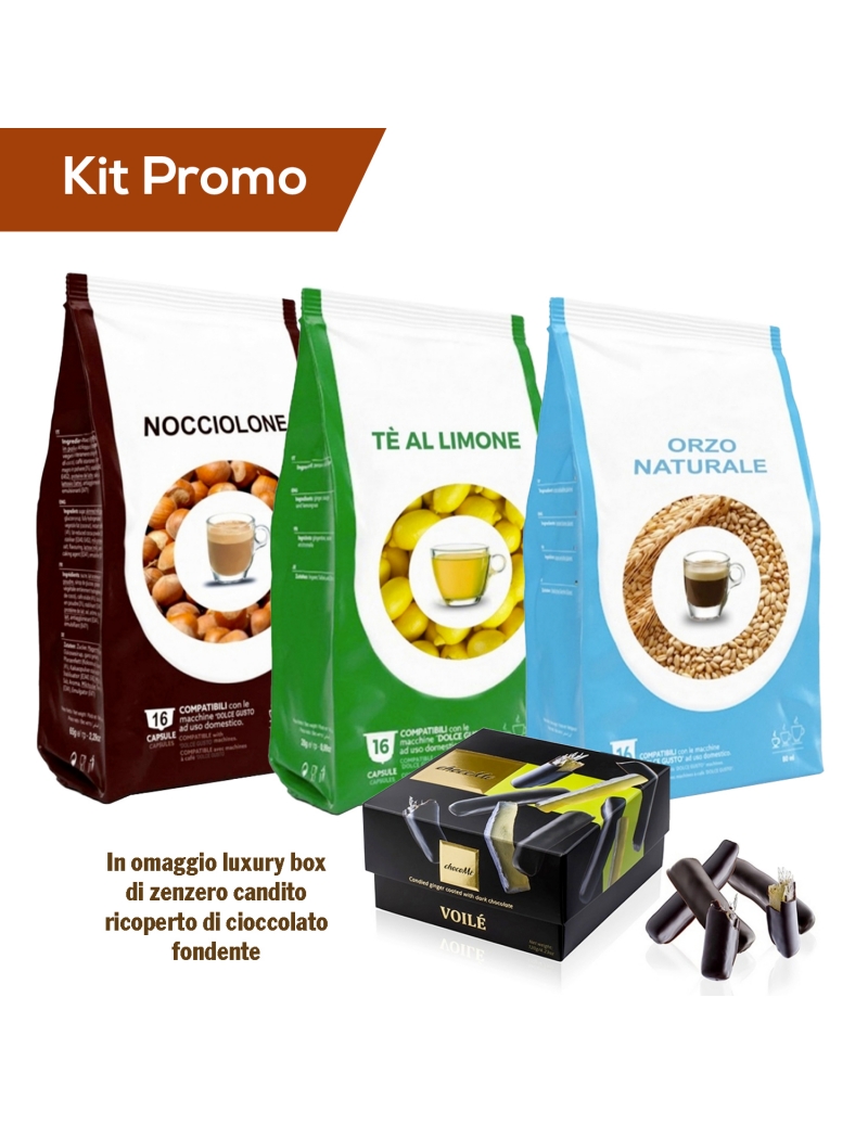 Kit capsule compatibili dolce gusto orzo, nocciolone e tè al limone con omaggio