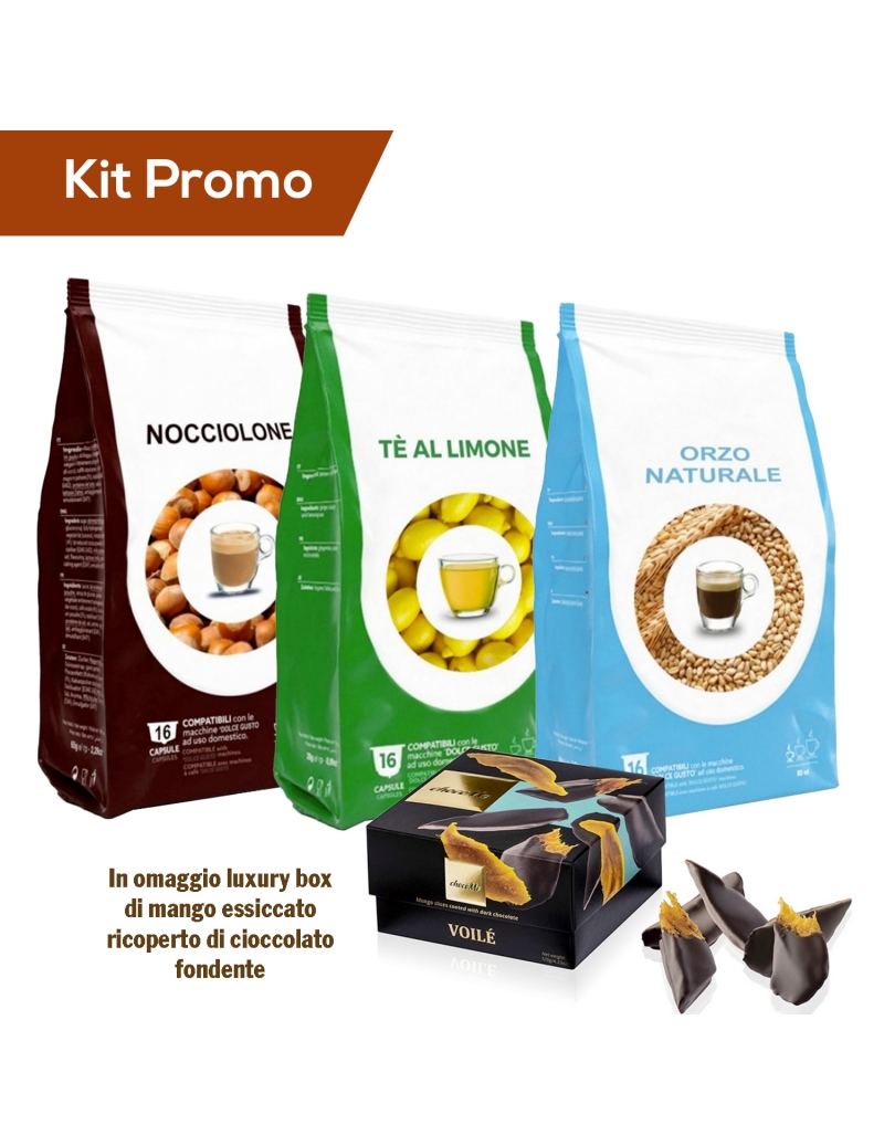 Kit capsule compatibili dolce gusto orzo, nocciolone e tè al limone con omaggio